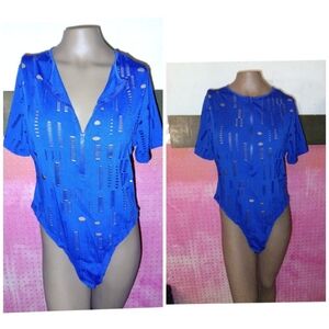 One Piece Bodysuit Short Sleeve zip up Casual Snap On Cover up Blue Size Large